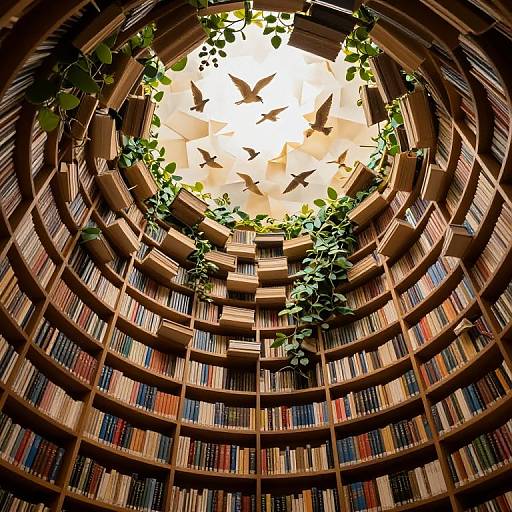 Photograph of a circular library with wooden bookshelves, colorful books, vines, and a skylight showing flying birds against a bright sky.