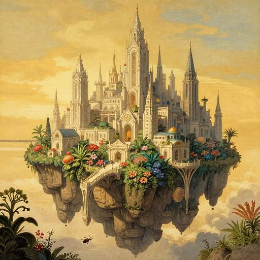 Floating City with Grand Gothic Architecture from Bug's-Eye View
