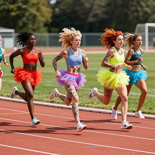 Photograph of diverse women in colorful tutus and sports bras running on a red track; vibrant tattoos, varying skin tones, and hairstyles, under bright