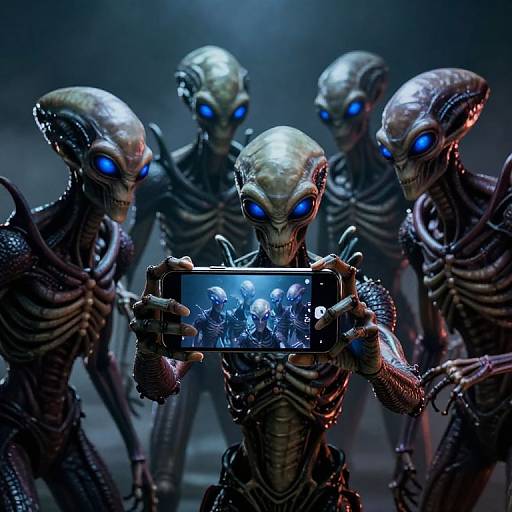 Photorealistic CGI: Five glowing-eyed alien creatures with metallic, skeletal bodies gather around a handheld device displaying their eerie faces. Dark, moody lighting