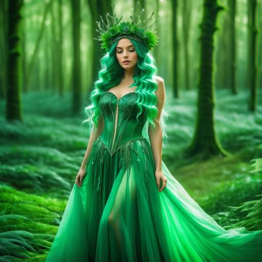 Mystical Woman in Green Gown in Enchanted Forest