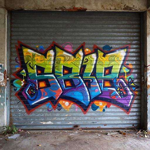 Vibrant graffiti on a gray, metal garage door featuring bold, colorful letters with yellow, green, blue, and red accents, set in an