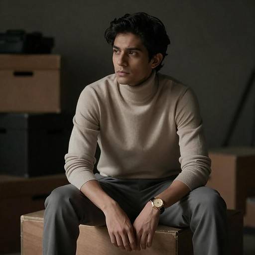 Serious Man in Beige Turtleneck Portrait