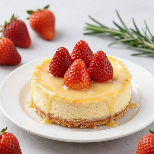 Photograph of a cream-filled cheesecake with a graham cracker crust, topped with three bright red strawberries, on a white plate. Background includes