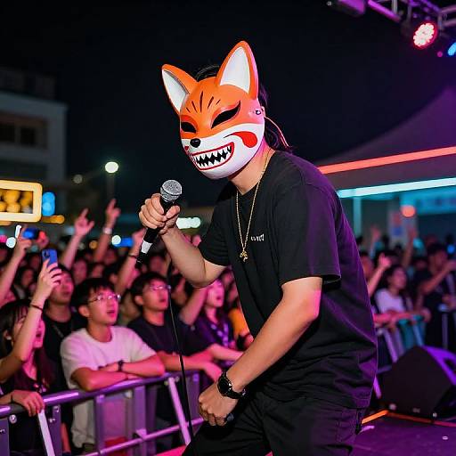 Photograph of an Asian male rapper wearing a fox mask with sharp teeth, black t-shirt, and necklace, performing on stage with a cheering crowd in