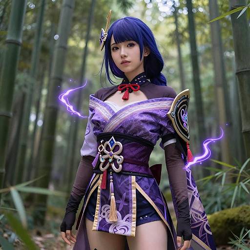 Digital artwork of an Asian woman in a purple and black fantasy costume with glowing purple energy, blue hair, and forest background.