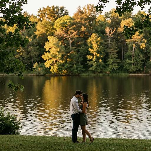 Photograph of a couple kissing by a serene lake, surrounded by lush, golden-hued trees at sunset, standing on grassy shore.