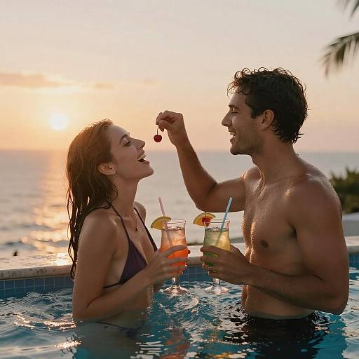 Romantic Sunset Poolside Moment Captured