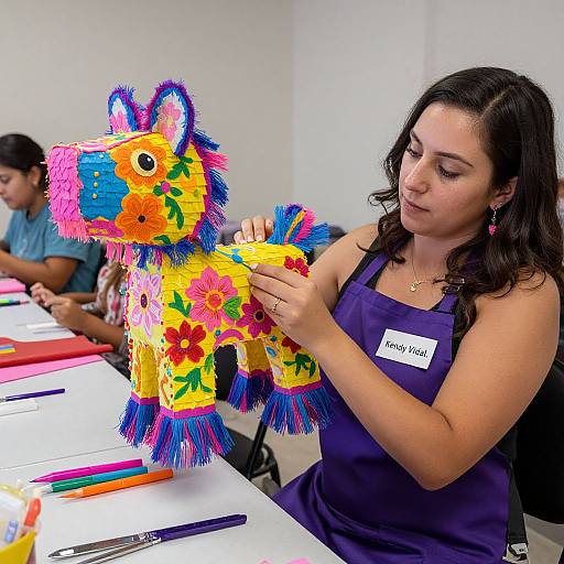 Photograph of a Latina woman with curly black hair, wearing a purple apron, assembling a vibrant, colorful, fuzzy horse sculpture at a workshop table