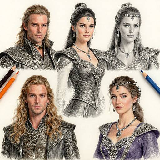 Digital drawing of five medieval-style characters, two men and three women, with long hair, ornate armor, and jewelry, arranged in a grid with