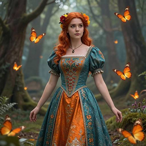 Photorealistic digital art of a red-haired woman in an ornate teal and orange Renaissance dress, surrounded by glowing orange butterflies in a misty forest