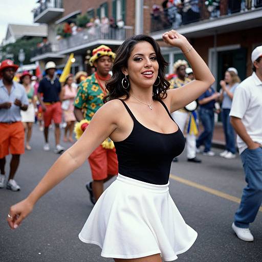 Photograph of a smiling Latina woman with wavy black hair, wearing a black tank top and white skirt, dancing in a lively street parade with colorful