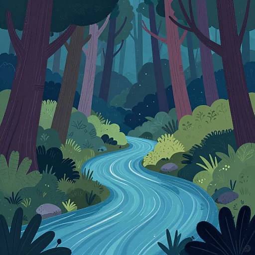 Colorful Magical Forest Night Illustration