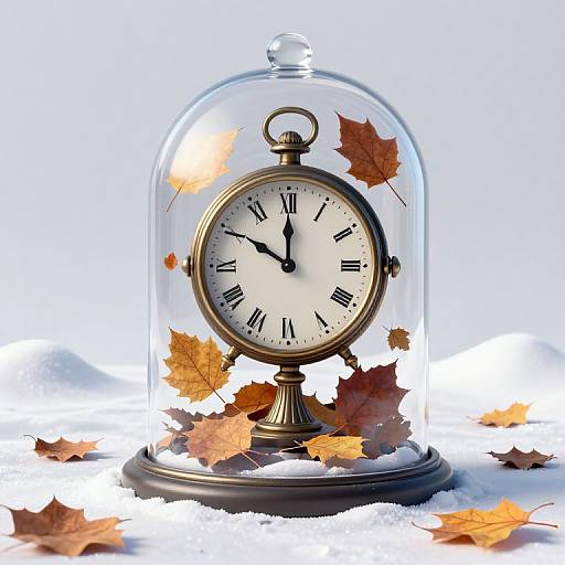 Vintage clock under glass dome with autumn leaves on snowy background; clock face shows 10:10, black Roman numerals, ornate brass frame.