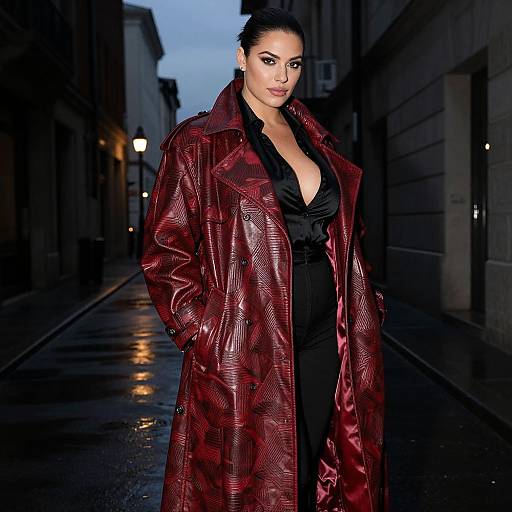 Photograph of a confident woman with dark hair, wearing a deep red, textured leather coat over a black, plunging blouse, standing on a wet