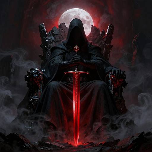 Dark, hooded figure with glowing red sword, seated on Gothic throne, moonlit background, eerie red mist, digital fantasy art.