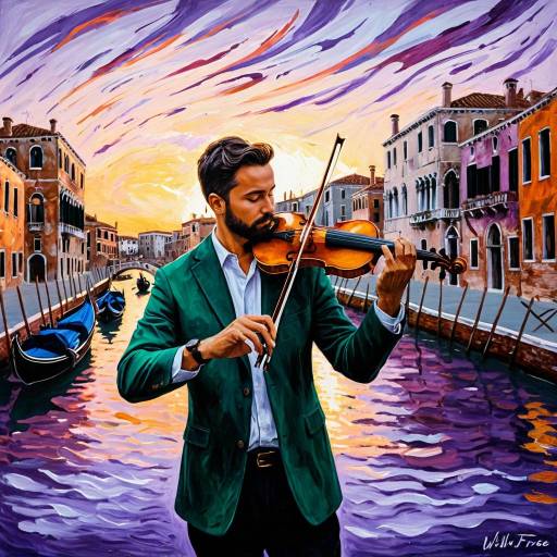 Impressionistic Violinist at Venetian Canal Sunset