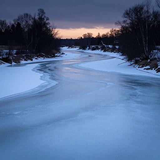 Photograph of a frozen river at sunset, with icy blue water, bare trees, and a dark, cloudy sky. Snow covers the riverbanks.