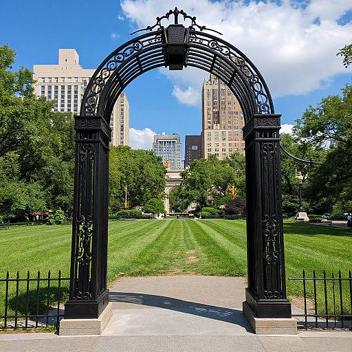 Photograph of an ornate black iron archway in a lush green park, with tall buildings in the background under a bright blue sky.