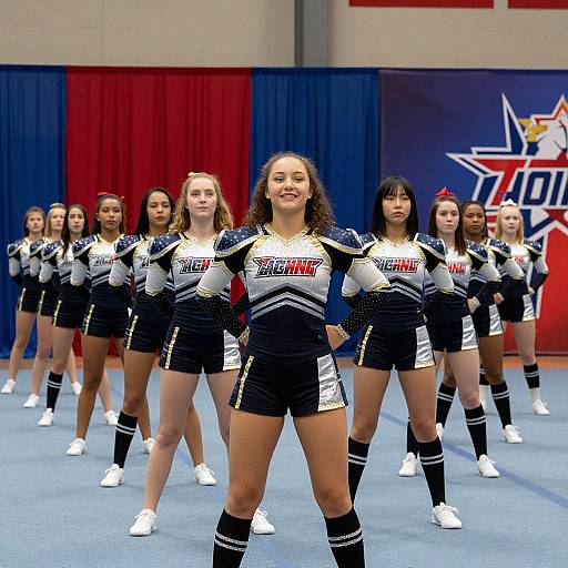 Photograph of a cheerleading squad in navy and white uniforms with 