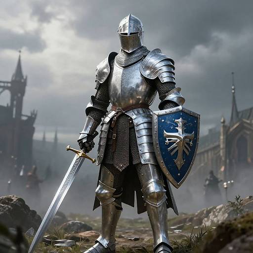 Photorealistic CGI of armored knight with silver sword and blue shield, standing on rocky terrain under cloudy sky, medieval castle in background.