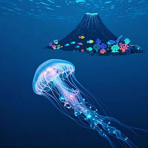 Digital illustration of a glowing blue jellyfish near a vibrant underwater volcano, surrounded by colorful corals and various fish, set in a deep blue ocean.