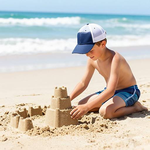 Photograph of a young, shirtless boy with light skin and blue shorts, wearing a white and blue baseball cap, building a sandcastle on a