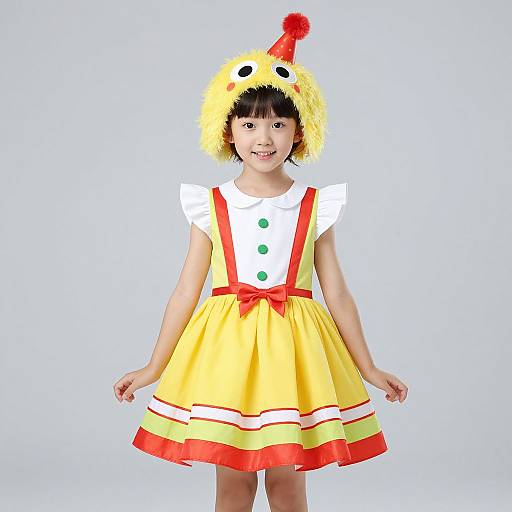 Photograph of a smiling young girl in a yellow dress with red stripes, white bodice, green buttons, and a fluffy yellow hat with red pom