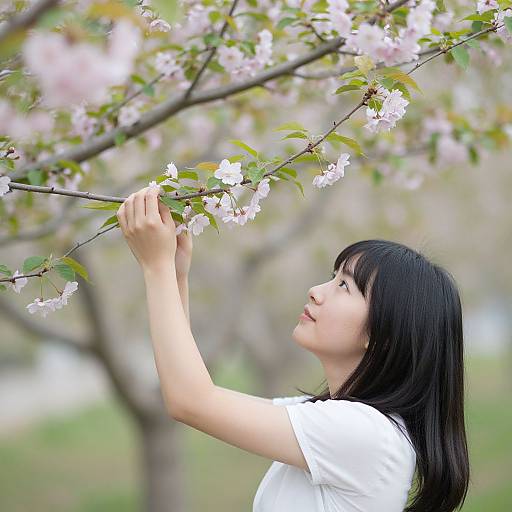Side View Woman with Cherry Branches