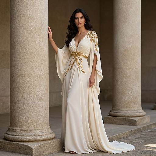 Photograph of a dark-haired woman in a white, gold-embellished, V-neck gown with long sleeves, standing against stone columns in a