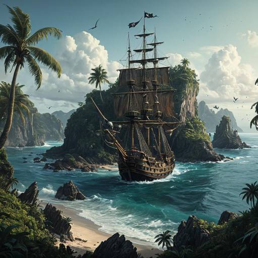 Pirate Ship Near Tropical Island