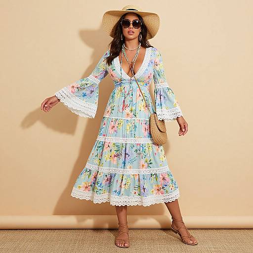 Photograph of a confident woman in a floral, lace-trimmed, deep V-neck dress, wide sleeves, tan hat, sunglasses, necklace,
