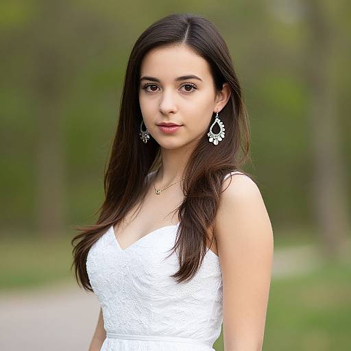 Photograph of a young Asian woman with long black hair, wearing a white lace dress and diamond drop earrings, standing outdoors against a blurred green forest background