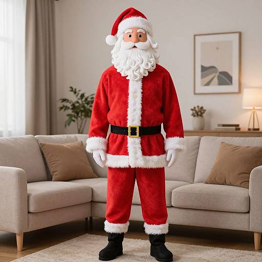 Photograph of a full-body Santa Claus costume with a white-bearded man standing in a modern living room with beige sofas, a potted plant,