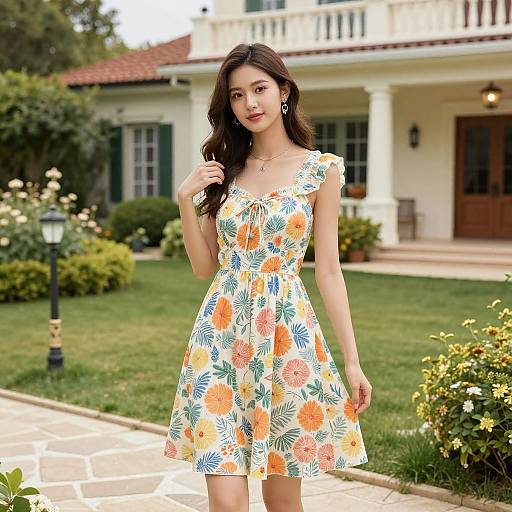 Photograph of a young Asian woman with long dark hair, wearing a floral dress, standing in a lush, sunny suburban garden.