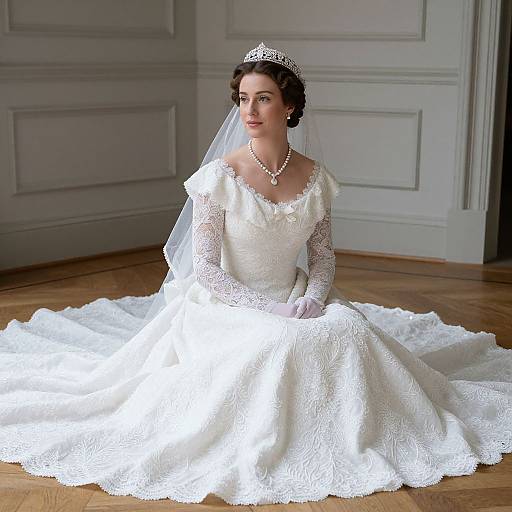 Photograph of a fair-skinned, dark-haired bride in a white lace wedding gown with long sleeves, veil, tiara, and pearl necklace,
