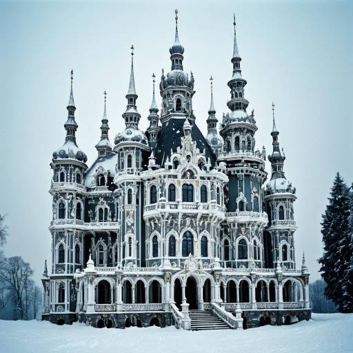 Snow Covered Baroque Castle with Turrets