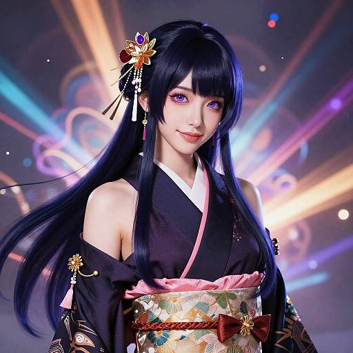 Digital anime-style portrait of a beautiful Japanese woman with long black hair, purple eyes, wearing a black kimono with floral obi, decorated with butterfly