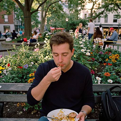 Photograph of a young man with short brown hair, wearing a black shirt, eating a sandwich in a vibrant, flower-filled park, surrounded by other