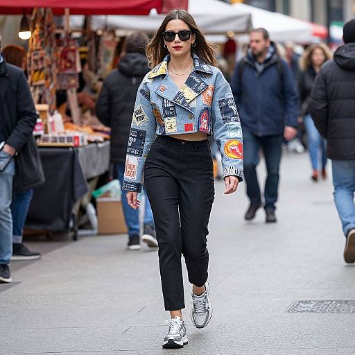 Photograph of a confident woman with brown hair, wearing a colorful, patterned crop jacket, black pants, white sneakers, and sunglasses, walking through