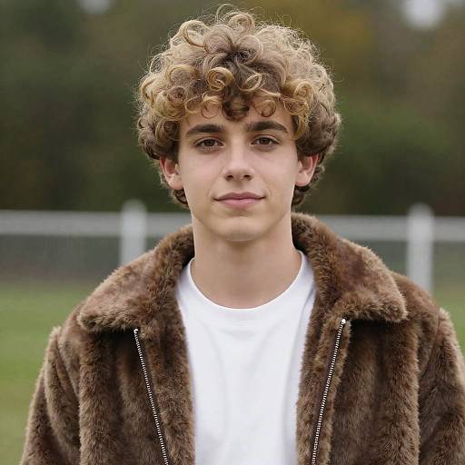 Young Man with Curly Blonde Hair in Fur Jacket