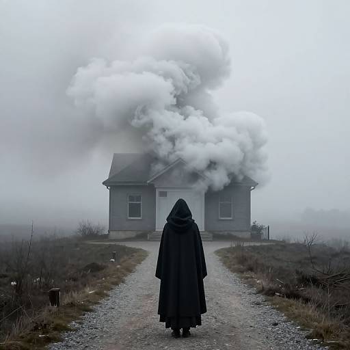 Photograph of a hooded figure in a dark cloak walking towards a smoke-filled, gray house on a foggy, desolate gravel path.