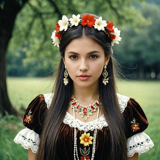 Young Woman in European National Costume with Flower Crown