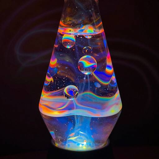 Photograph of a clear, conical glass filled with colorful, swirling liquid and floating bubbles, illuminated against a black background.