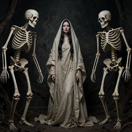 Photograph of a pale-skinned woman in a white, ornate veil and gown, flanked by two white skeletal figures against a dark, textured