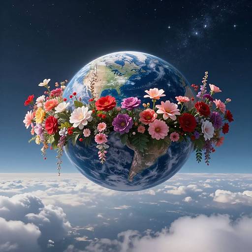 Photorealistic digital artwork of a planet adorned with vibrant, colorful flowers floating in space above a cloud-covered atmosphere.