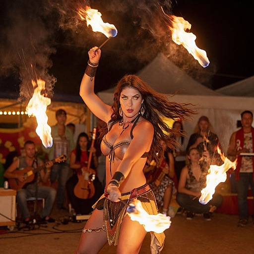 Photograph of a fierce, dark-haired woman in tribal attire, wielding flaming torches during a nighttime performance, surrounded by an audience.