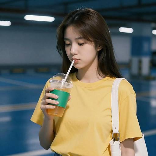 Young Woman in a Blue-Lit Parking Lot