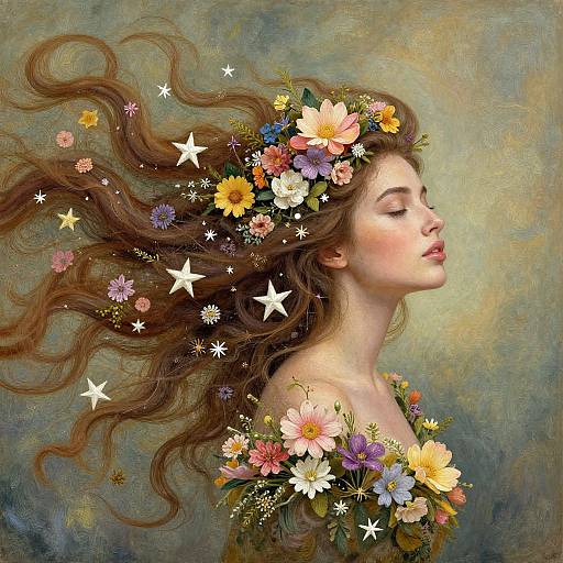 Digital painting of a fair-skinned woman with flowing brown hair, adorned with a colorful flower crown and stars, against a textured green-blue background. She