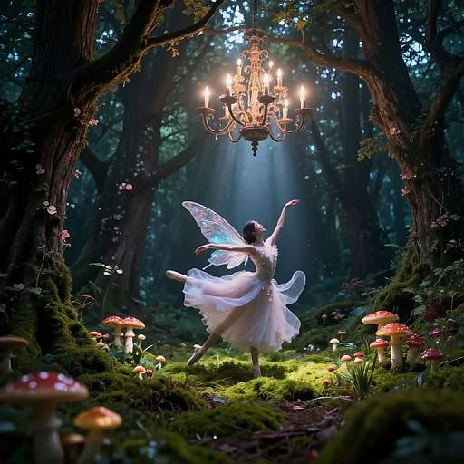 Enchanted forest photograph: Fairy with glowing wings, white tutu, arms raised, under a glowing chandelier, surrounded by mushrooms, and moon